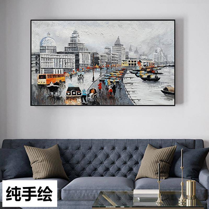 手绘油画城市建筑抽象黑白灰装饰画客厅玄关轻奢背景挂画餐厅壁画