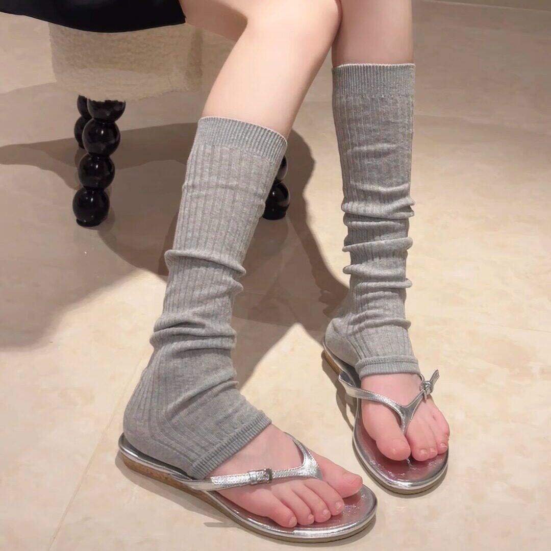 夏季薄款纯棉灰色堆堆长筒袜女