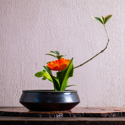 黑色陶瓷花器剑山插花器花盆日式花道简约茶室插花器皿棱角碗艺术