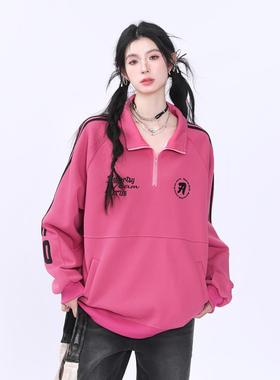 AONW春秋新款美式覆古字母刺绣半拉炼卫衣潮牌宽松情侣休闲外套女