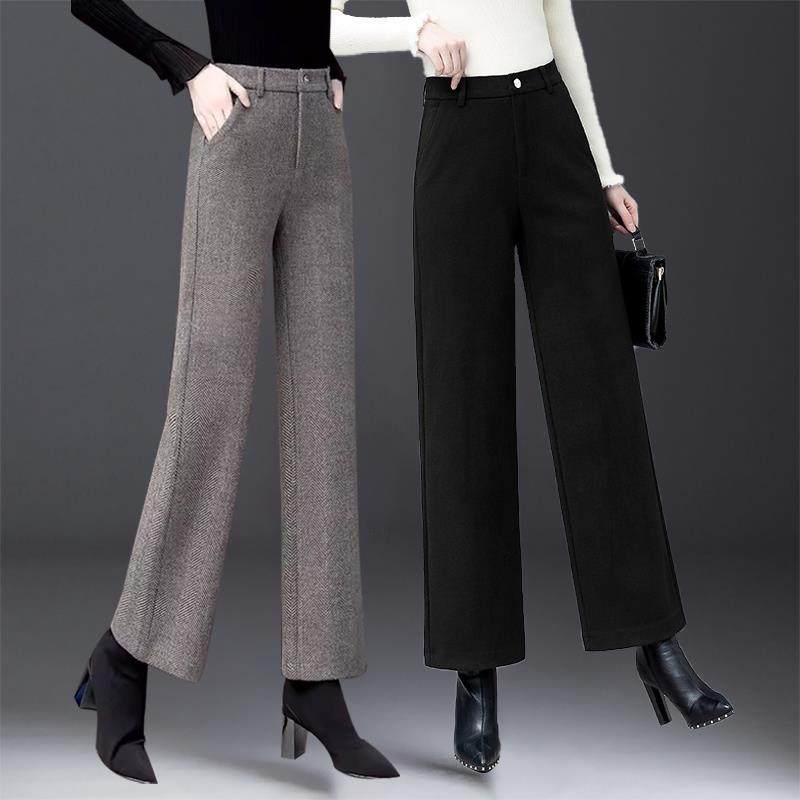 毛呢妈妈阔腿裤女春秋小个子2025新款冬季加绒九分窄版直筒呢子裤