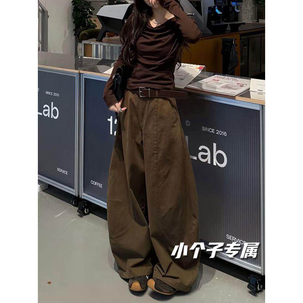 小个子咖色裤子美式覆古弯刀牛仔裤女款工装裤秋季宽松直筒休闲裤