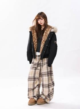 AONW美式覆古座山雕毛领加绒加厚棉服长袖女秋冬豹纹连帽外套上衣