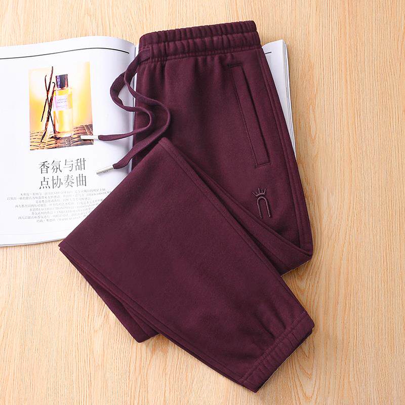 酒红纯棉运动裤女春秋冬拉链洋气全棉休闲灯笼小个子束脚加绒卫裤