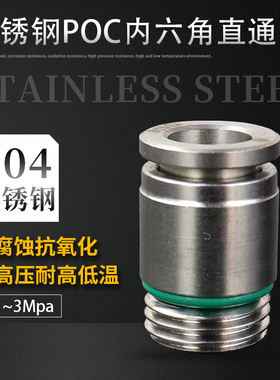 POC螺纹直通304不锈钢快插螺纹接头气动配件内六角快速接头PC4-M5