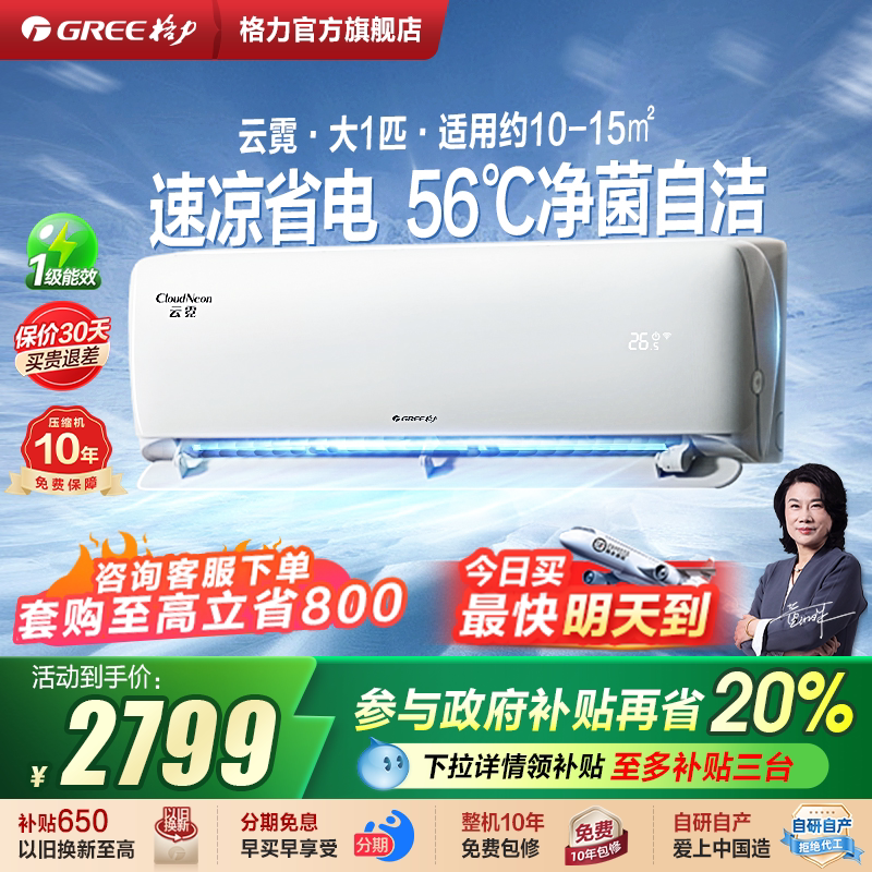 格力官方大1匹新一级能效变频空调挂机家用卧室云霓冷静王同款x