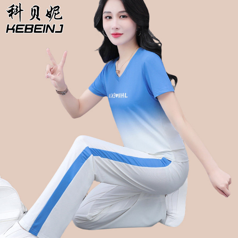 冰丝运动套装女夏装2025年新款中年妈妈短袖长裤广场舞休闲两件套