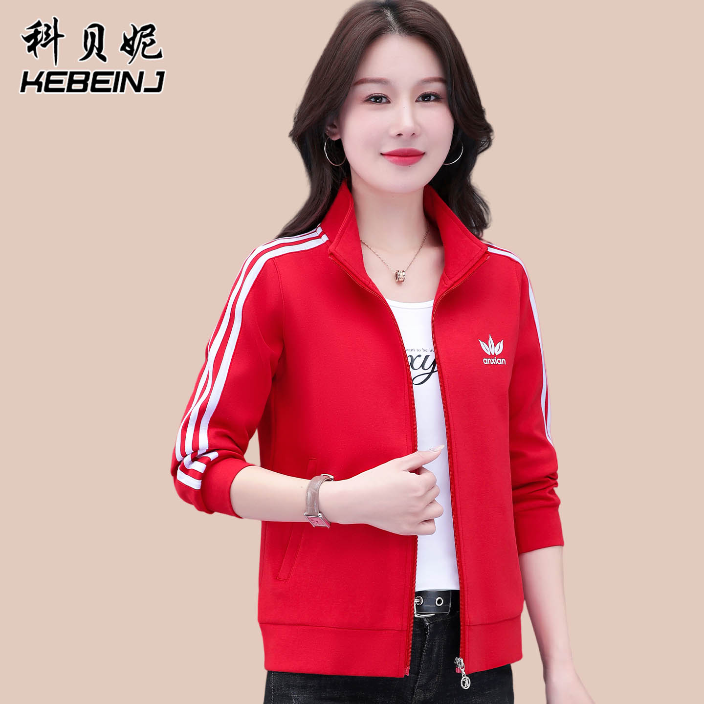 红色短款外套女春秋2025年新款时尚减龄妈妈上衣秋季运动休闲夹克