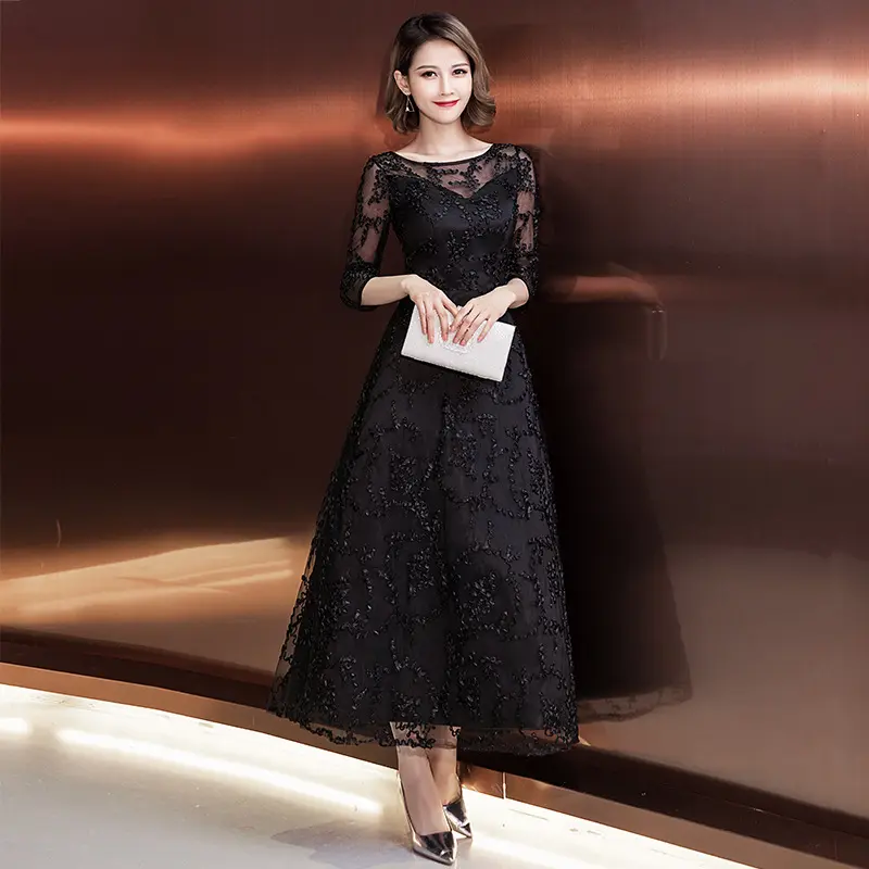 礼服裙女2025新款春季宴会黑色显瘦中长款名媛年会聚会小礼服婚纱