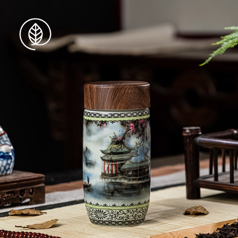 景德镇陶瓷茶杯珐琅彩大容量保温杯随手杯双层带盖杯便携户外杯