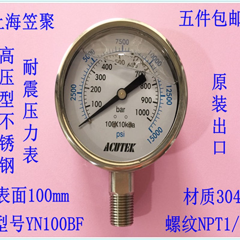 ACUTEK 原装出口 高压型不锈钢耐震压力表YN100BF 1000BAR NPT1/2