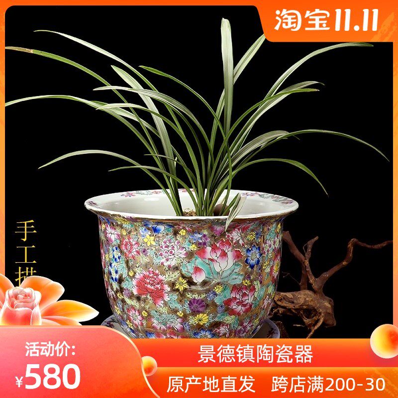 手绘景德镇陶瓷花盆古典新中式装修粉彩瓷兰花盆树盆室内描金专用