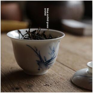 【天青兰手绘盖碗】潮州手绘盖若参杯防口素描功夫茶