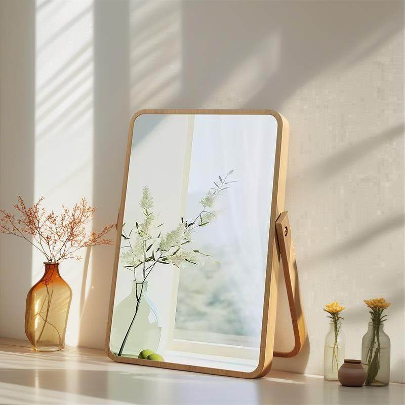 家用化妆镜台式桌面主卧室可折叠便携镜子2024新款复古实木梳妆镜