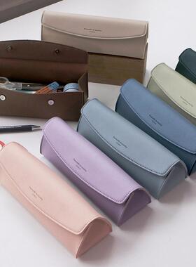 刘在伊韩国iconic简约防水皮革立体三角大容量文具笔袋磁扣眼镜盒