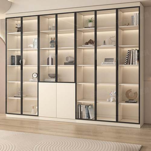 书柜带玻璃门轻奢家用客厅一体整墙书架落地置物架定制模型展示柜