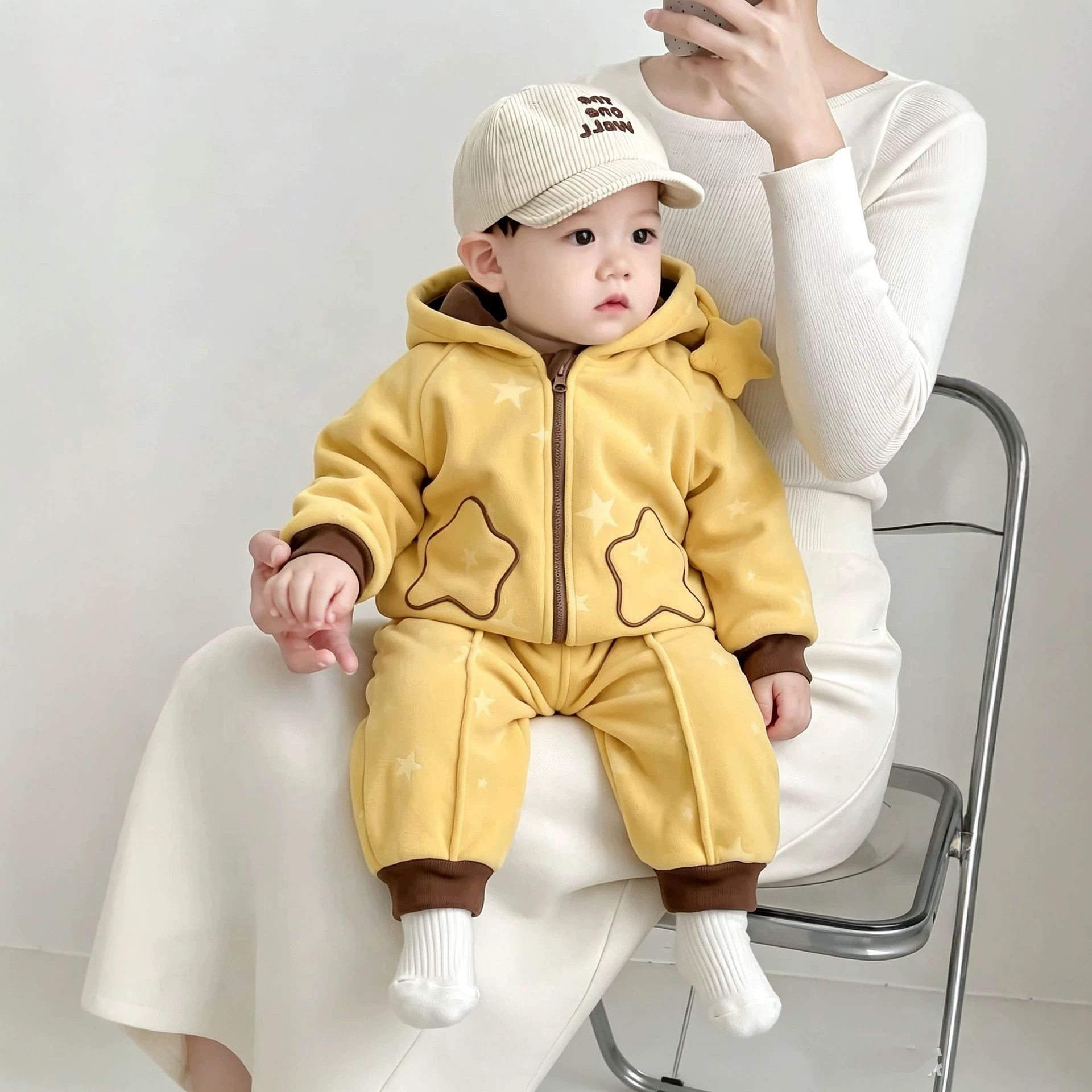 儿童秋冬季奥粒绒套装婴幼儿女超萌小熊保暖外套裤子加绒两件套冬