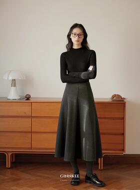 GINNKEE气质羊毛鱼尾裙半身裙a字伞裙女秋冬拼接复古灰色毛呢长裙