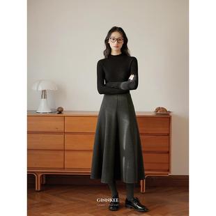 GINNKEE气质羊毛鱼尾裙半身裙a字伞裙女秋冬拼接复古灰色毛呢长裙