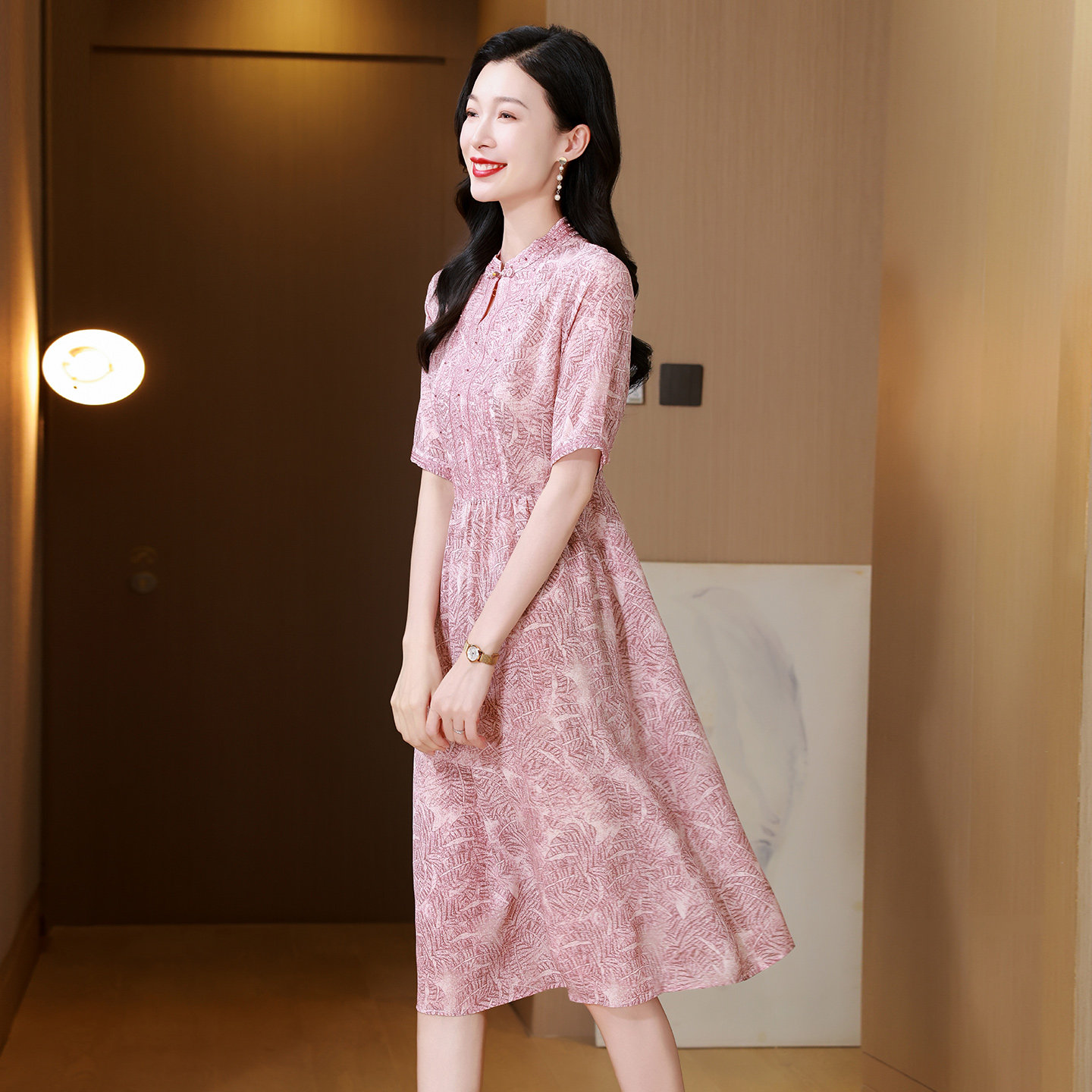 商场正品真丝连衣裙女短袖桑蚕丝高端中长款裙子