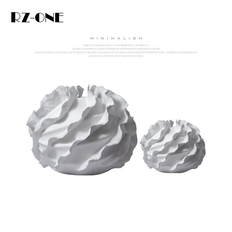 Rzone 现代简约圆形陶瓷花瓶极简样板房设计师波浪花边插花器摆件