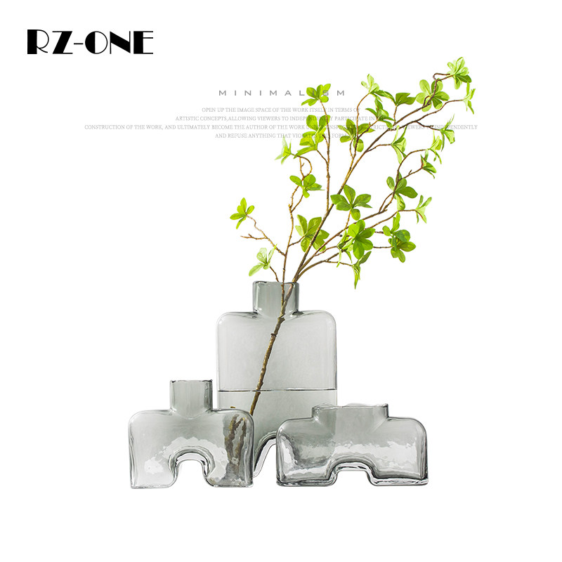 rzone 创意酒壶小口径干花水培花瓶单支餐桌花器浅灰色玻璃装饰品