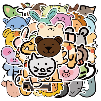 50张卡通动物脸头像手账贴纸儿童奖励装饰行李箱笔记本电脑头盔水杯手机壳头盔吉他冰箱防水PVC不干胶贴画