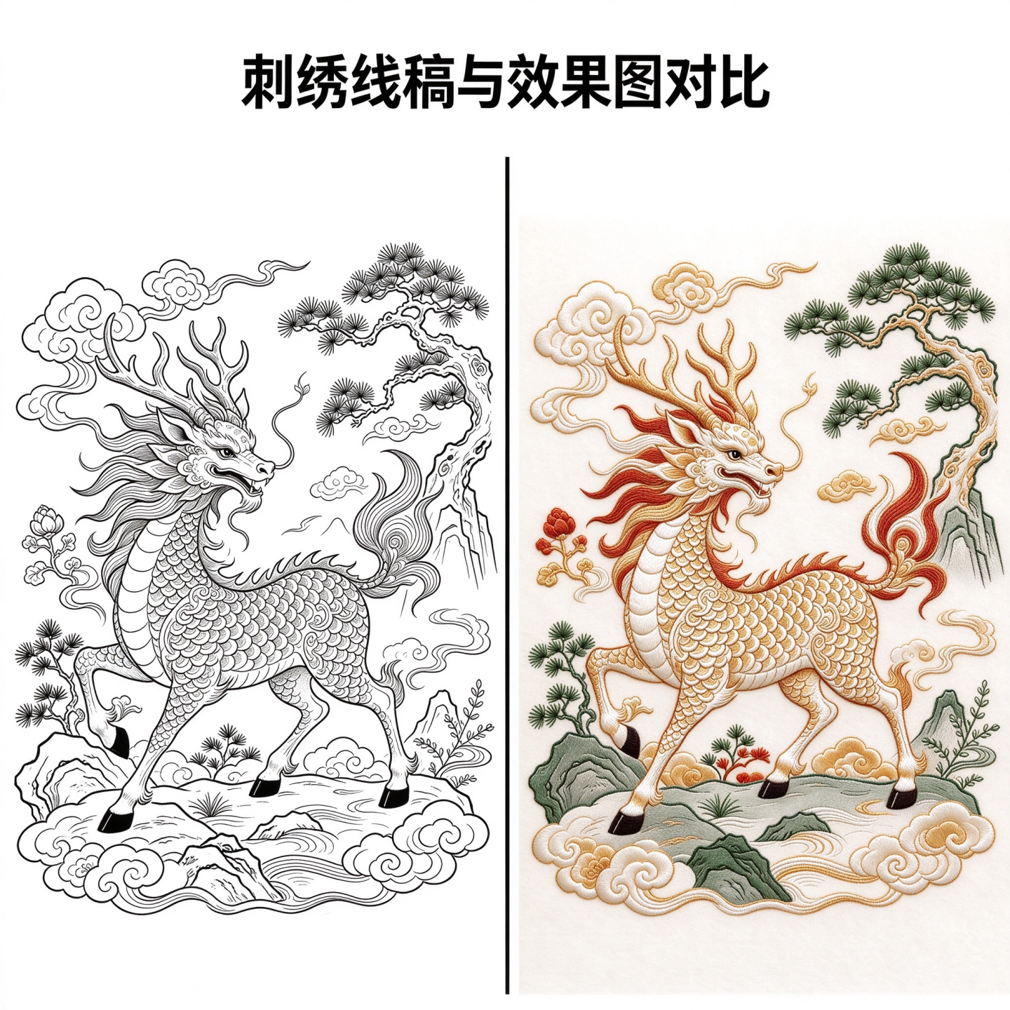 中式龙纹神龟刺绣线稿自粘水溶布