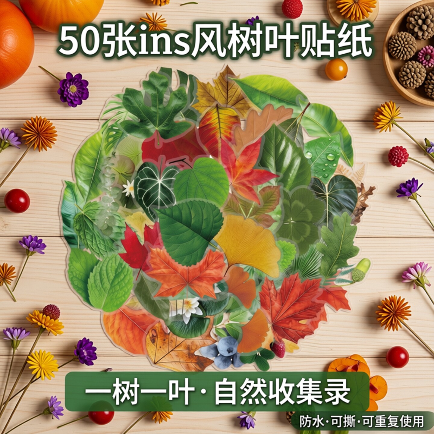 50张ins风树叶pet创意贴纸