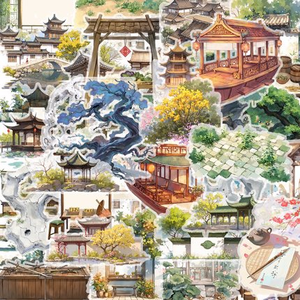 50张PET透明古风庭院清新中国风山水风景贴纸装饰手机壳文具笔记本手机电脑行李箱水杯防水无痕不留胶贴画