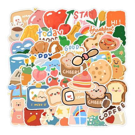 50张ins风涂鸦多巴胺油画卡通可爱小蛋糕面包手账冰箱滑板车电脑手机壳贴纸装饰笔记本相框画行李箱DIY水贴纸