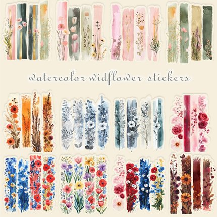 20张透明水彩野花贴纸小清新透行李箱水杯咖啡杯贴纸PET防水创意儿童奖励平板笔记本电脑手机壳无痕装饰