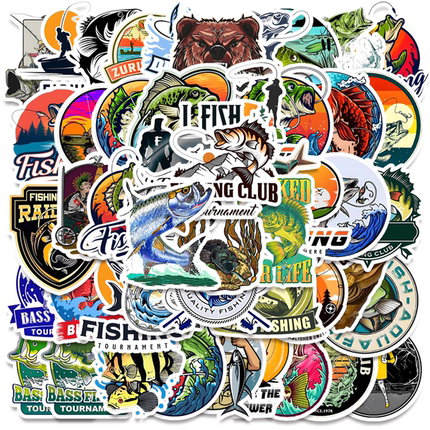 50张户外路亚钓鱼人涂鸦贴纸热门笔记本电脑吉他行李箱水杯头盔鱼具鱼箱装饰防水无痕不留胶DIY贴画