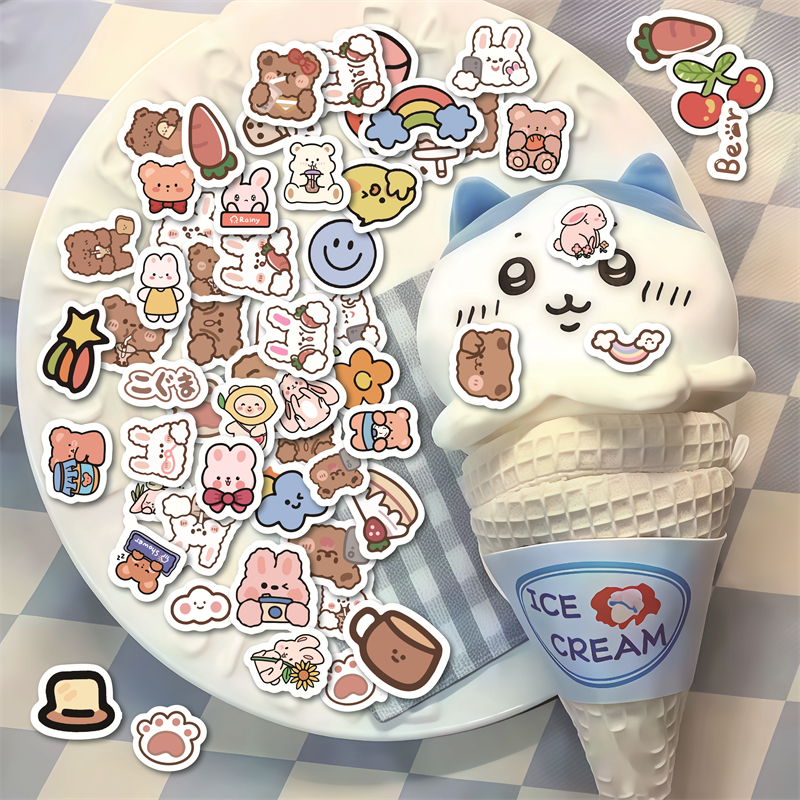 60张卡通可爱饼干小熊装饰笔记本头盔相框画保温杯电动车贴纸巧克力小熊仔和小兔diy防水儿童平衡车头盔贴纸