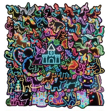 56张新款霓虹独角兽涂鸦手账本贴纸亮膜黑边炫彩笔记本平板电脑摩托车相框画墙面汽车广告标签定制diy防水贴