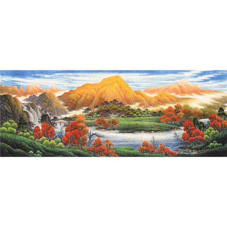 小六尺横幅 国画 精品山水【山河壮丽】未装裱 印刷品装饰画T