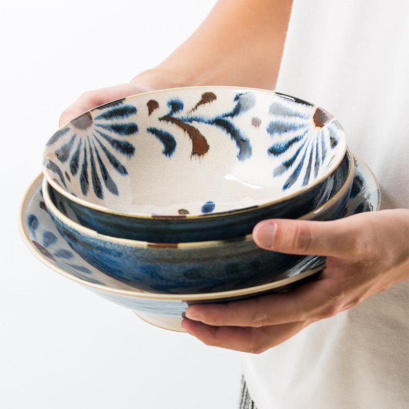 日本进口美浓烧复古手绘和风餐具笔青盘子碟子大汤碗拉面碗寿司盘
