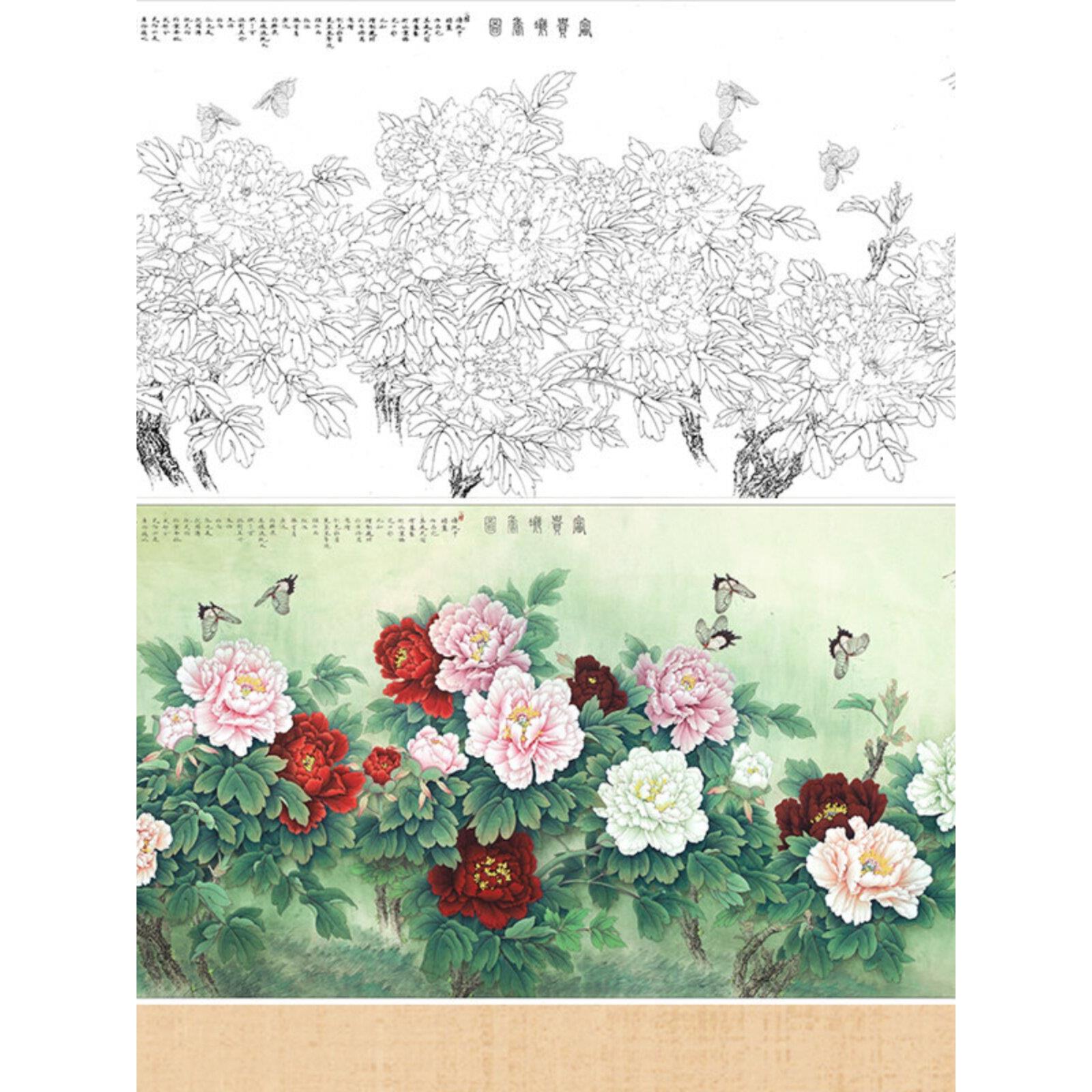 工笔画打印白描底稿李晓明横幅牡丹初学者临摹宣纸过稿勾线练习