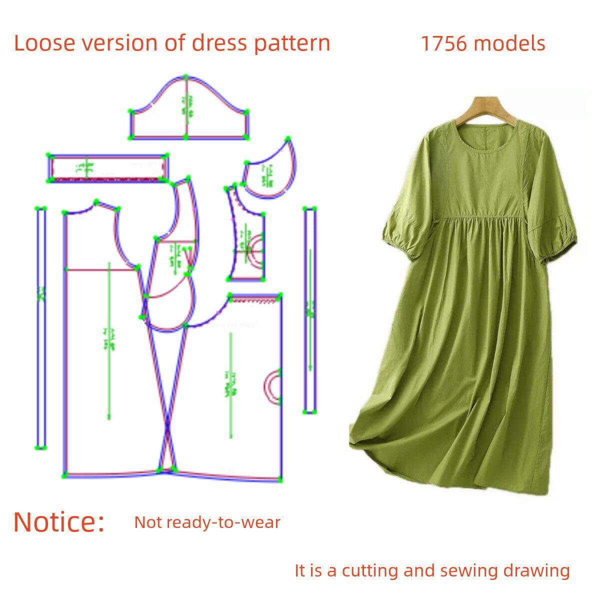 DIY服装纸样裁剪图1756款女宽松连衣裙样板图纸11设计制作