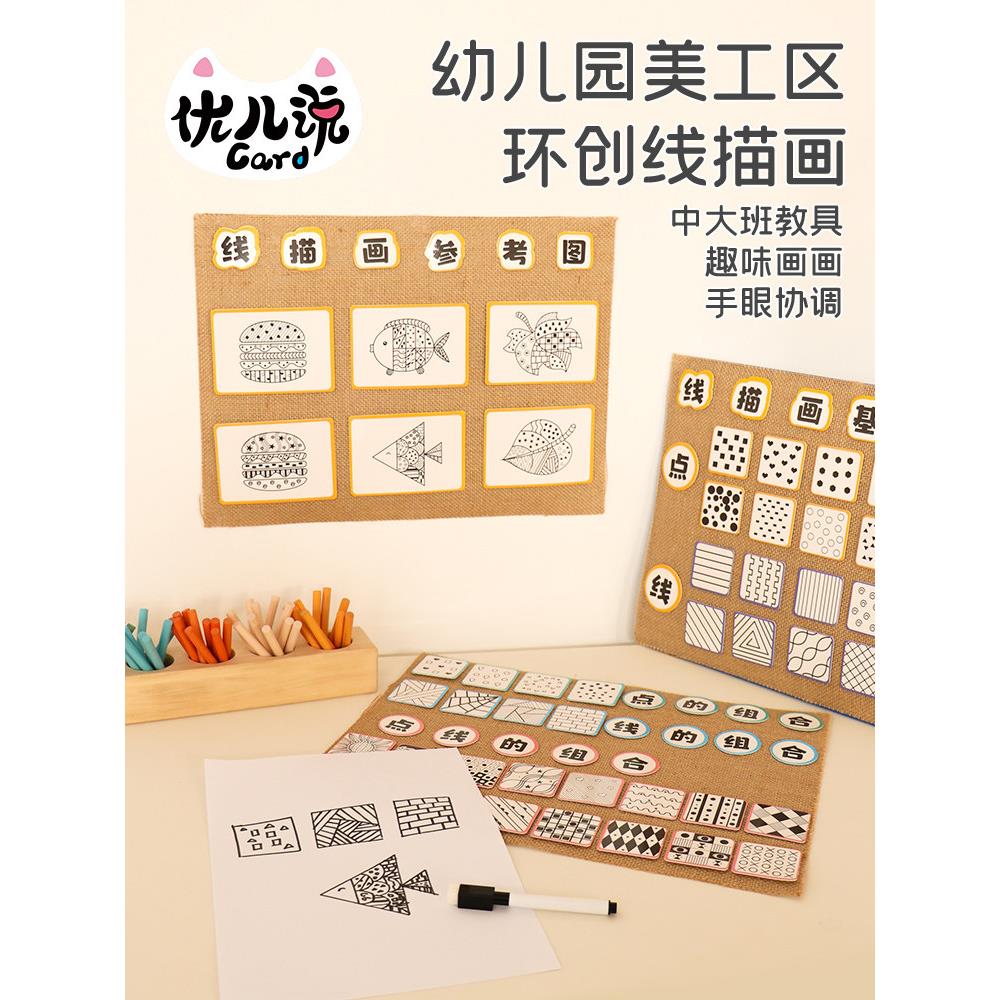 幼儿园中大班线描画美工区布置麻布环创墙面班级教室装饰区角材料