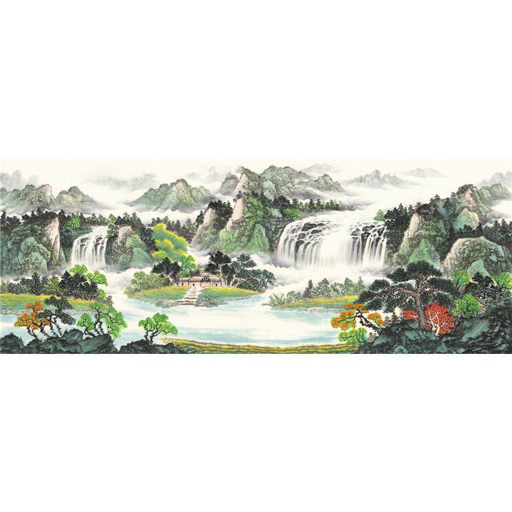 小六尺横幅 国画 精品山水【源远流长】未装裱 印刷品装饰画 T