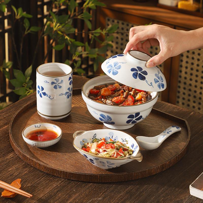 日式一人食餐具套装木质半圆托盘釉下彩陶瓷高颜值碗碟家用早餐盘