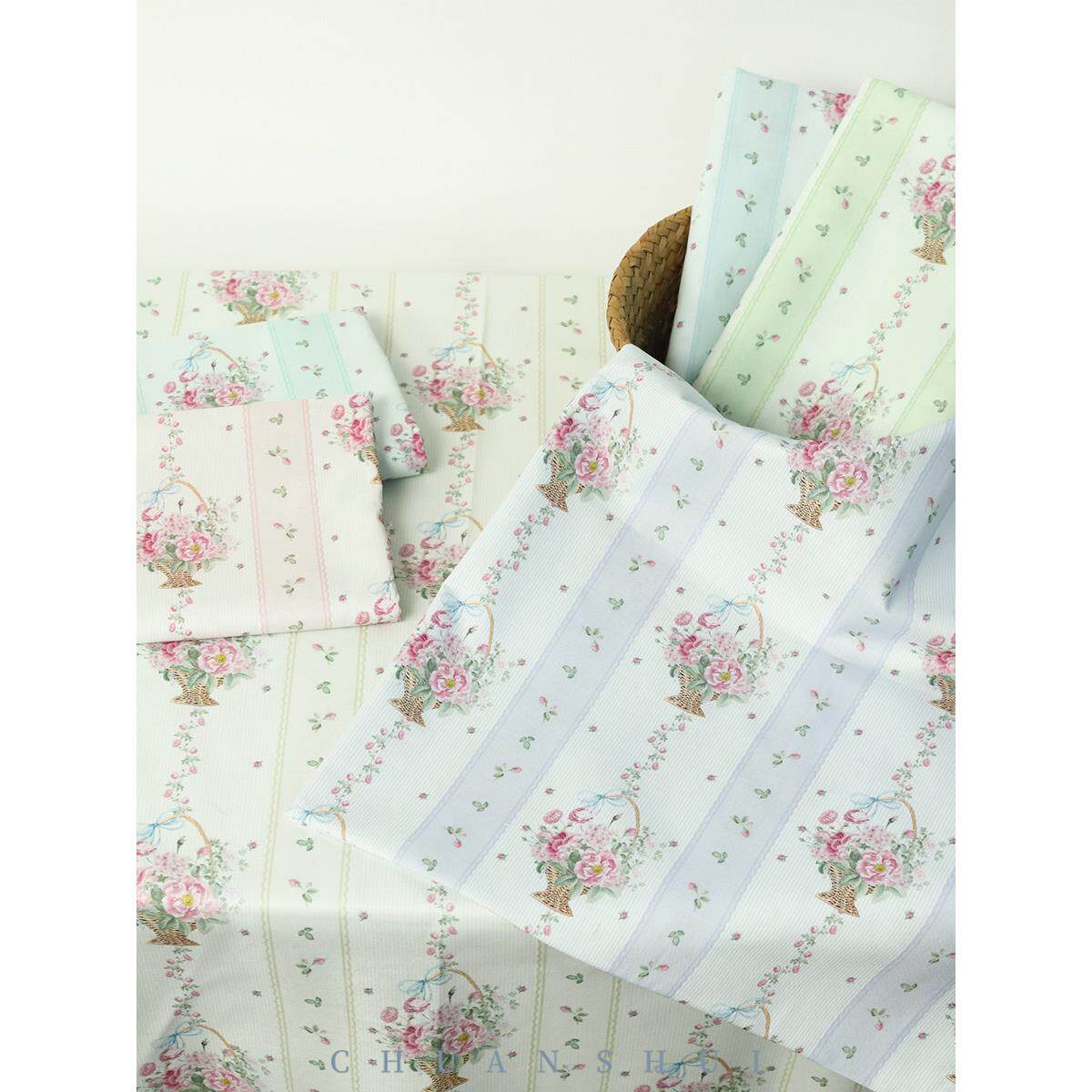 川水品牌 纯棉布料田园玫瑰花篮淡雅蕾丝拼布手工家居桌布包袋DIY