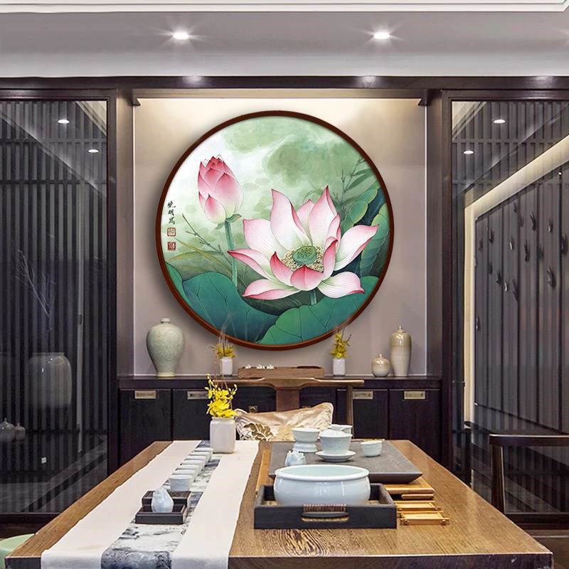 荷花装饰画圆形挂画新中式客厅玄关图墙面背景墙茶室禅意莲花壁画图片