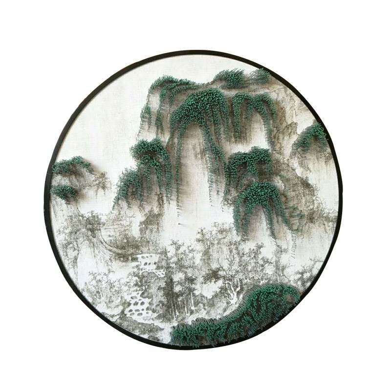 新中式客厅装饰画实物立体挂画圆形钉子画山水墙壁画样板间别墅画图片