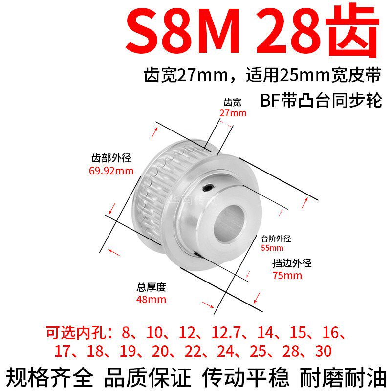 同步轮S8M28齿齿宽27内孔81012 14 15 16 17 18 19 20同步带轮S8M