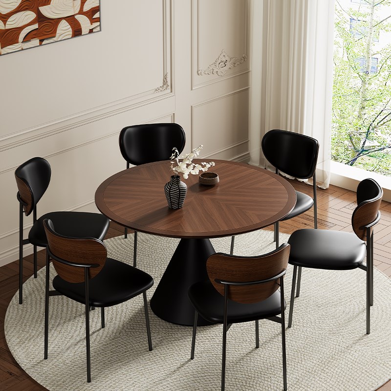 中古风实木纹理岩板圆餐桌家用带转盘餐桌椅组合餐厅高端圆形饭桌