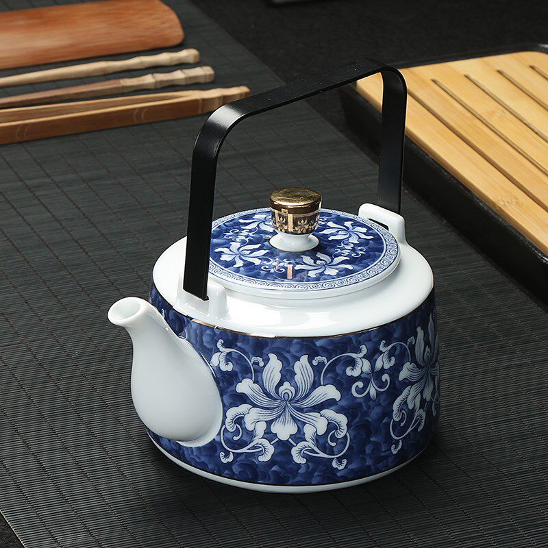 景德镇描金青花瓷大茶壶 釉下彩锦上添花提梁壶提壶 青花功夫茶具