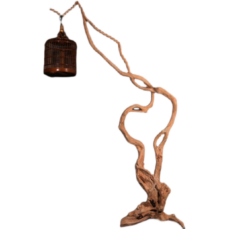 原木树根落地鸟笼架新中式复古实木老根茶室书房展厅名宿客厅禅意