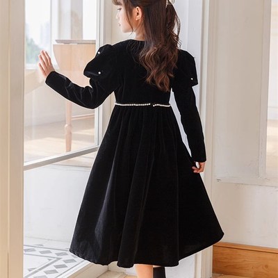 女童黑色晚礼服轻奢小众高端儿童生日公主裙主持人钢琴演奏秋冬季